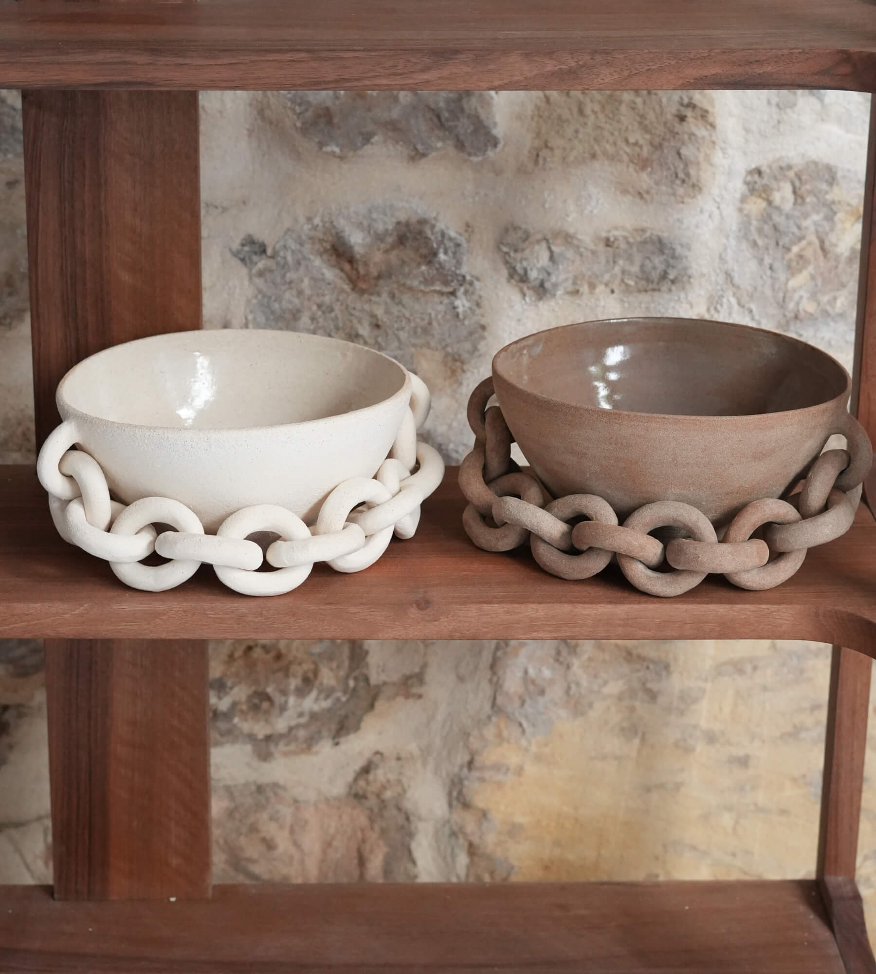 Duo Coupes décoratives CYCLADES, grès crème et sable brun