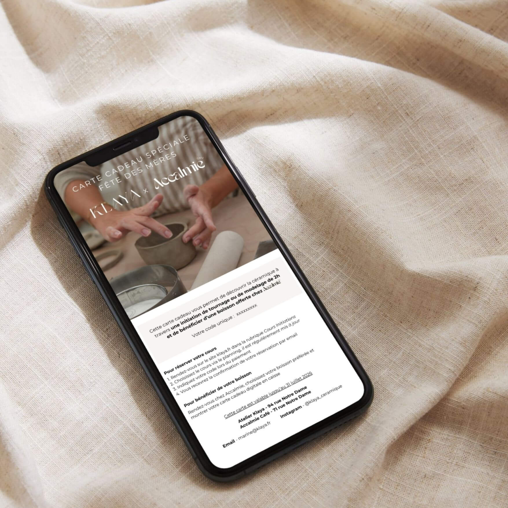 Carte cadeau digitale Fête des Mères atelier céramique chez Klaya à Bordeaux et boisson offerte coffee shop Accalmie