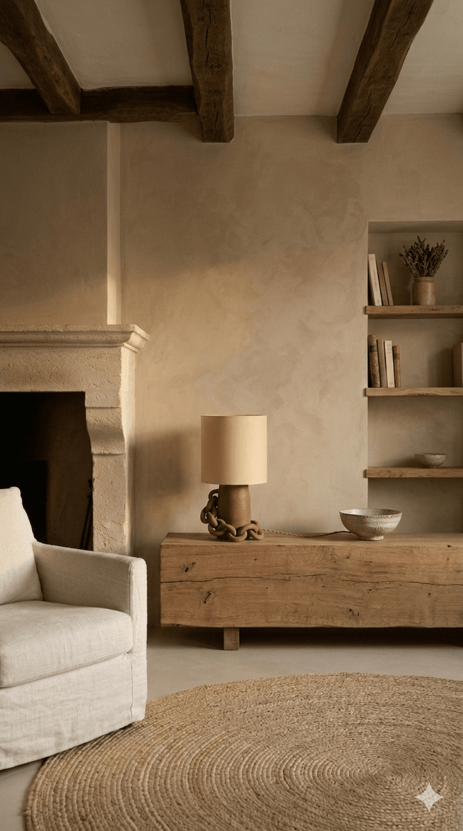 Moodboard inspiration intérieur minimaliste wabisabi. Lampe Andros Klaya, grès chamotté sable brun et abat-jour coton ivoire (céramique artisanale bordeaux)  