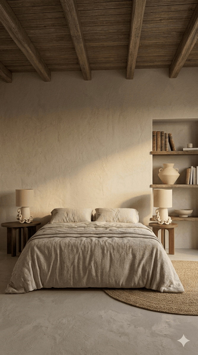 Moodboard intérieur minimaliste épuré. Lampes ANDROS Klaya en grès chamotté crème. Céramique artisanale MATERA. 
