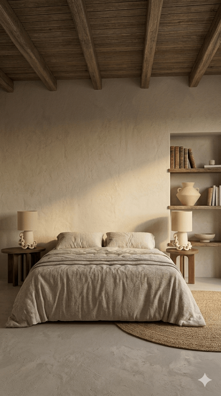 Moodboard intérieur minimaliste épuré. Lampes ANDROS Klaya en grès chamotté crème. Céramique artisanale MATERA. 