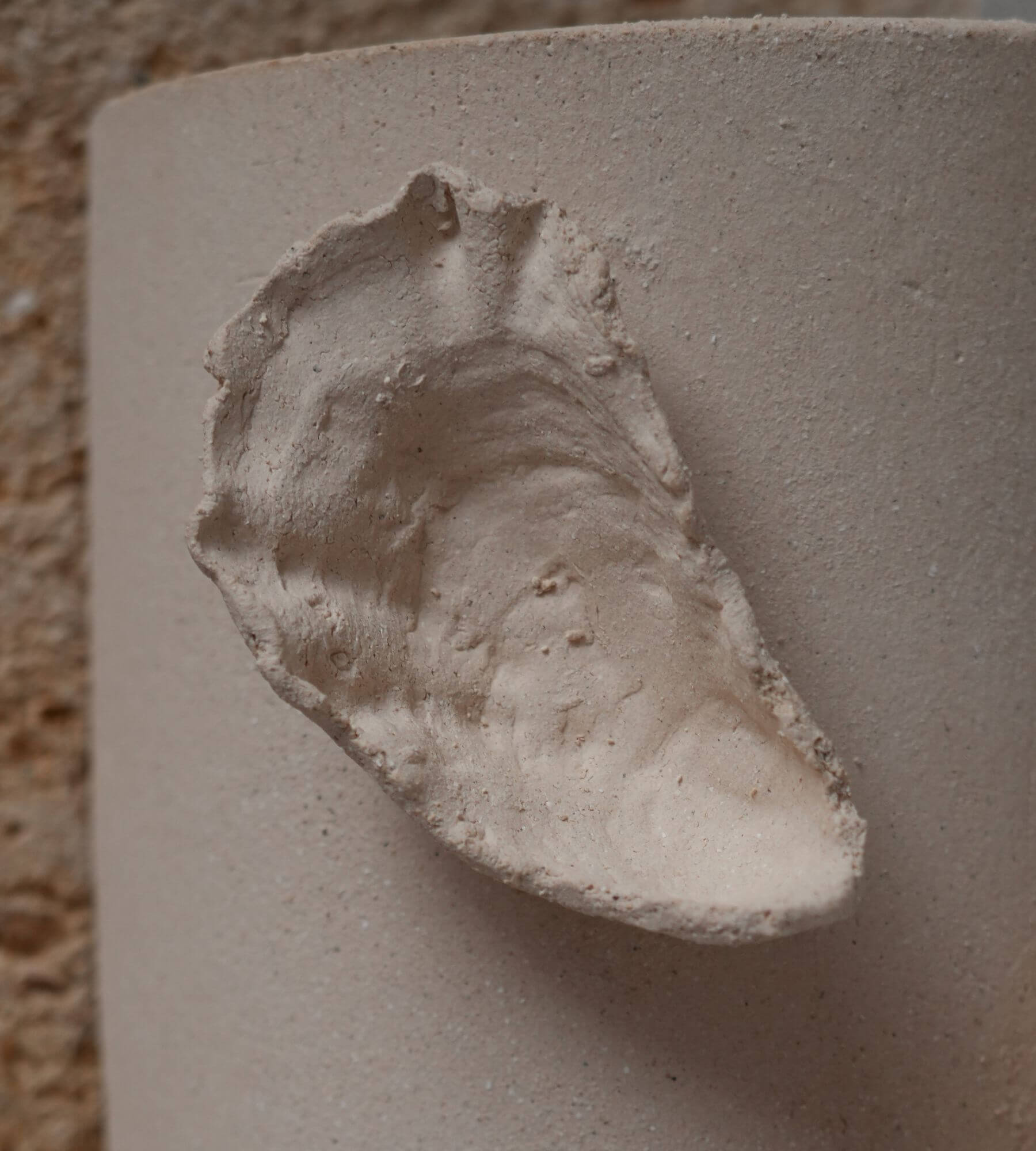Zoom empreinte coquillage huître moulée dans du grès chamotté crème 